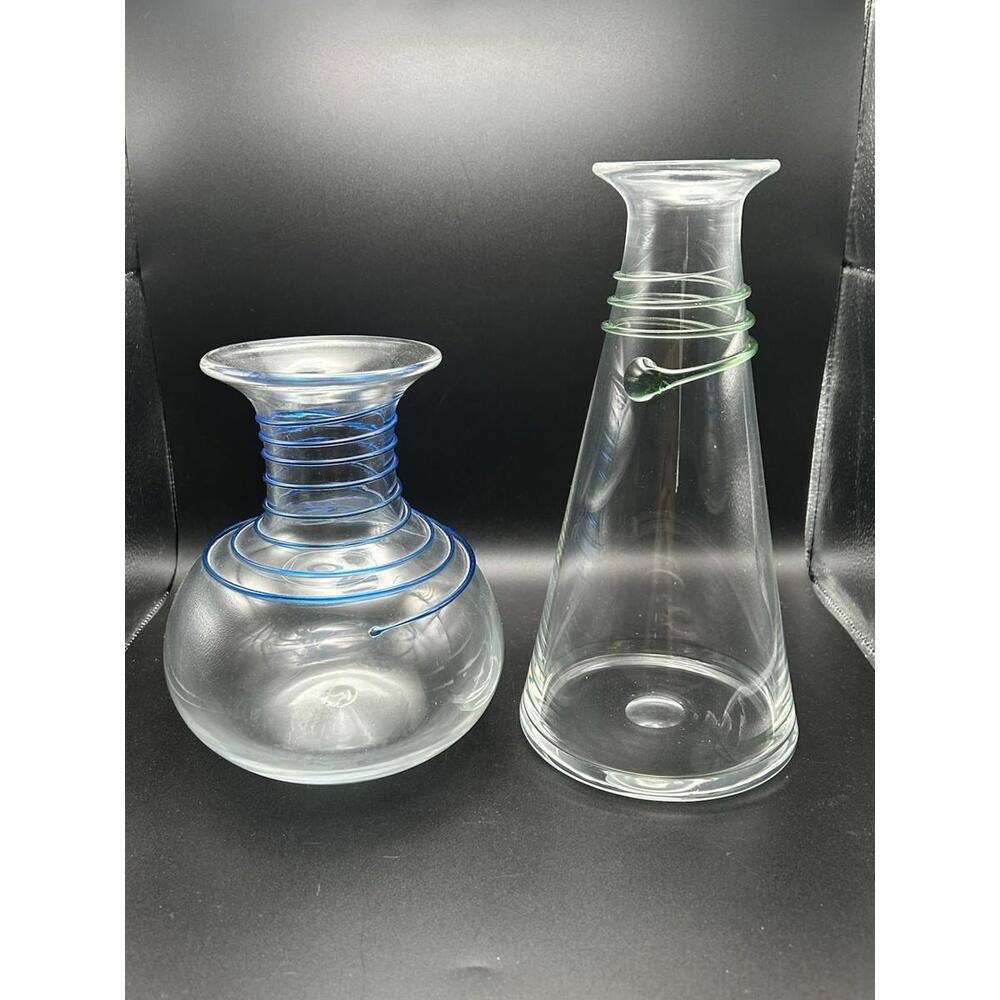 Vintage Pair Of BLENKO Glass Vase/Decanter, Applied Swirl Clear Blue & Green 80s